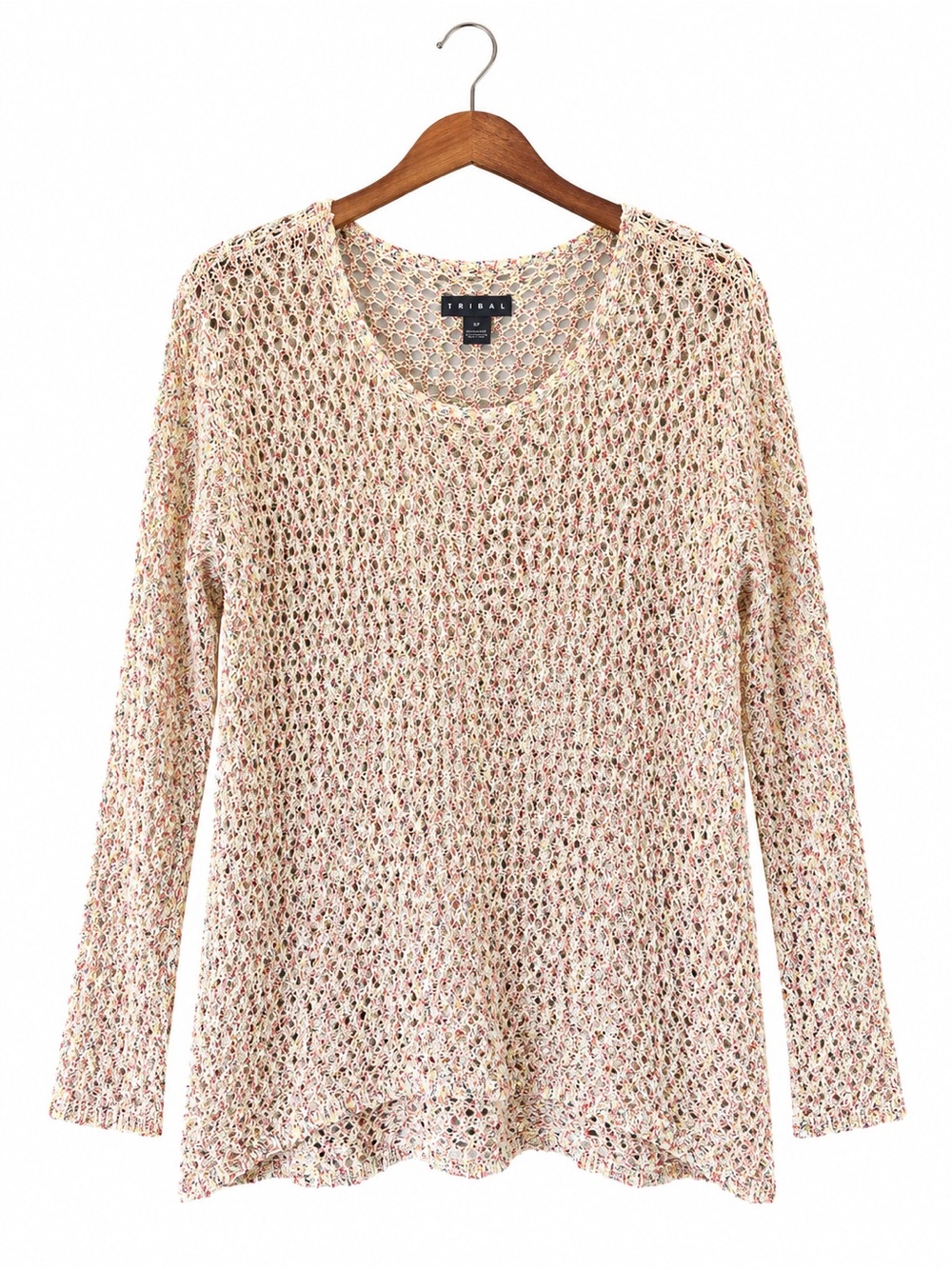 Tribal Open Knit Scoop Neck Sweater - Pink, Cream, Brown